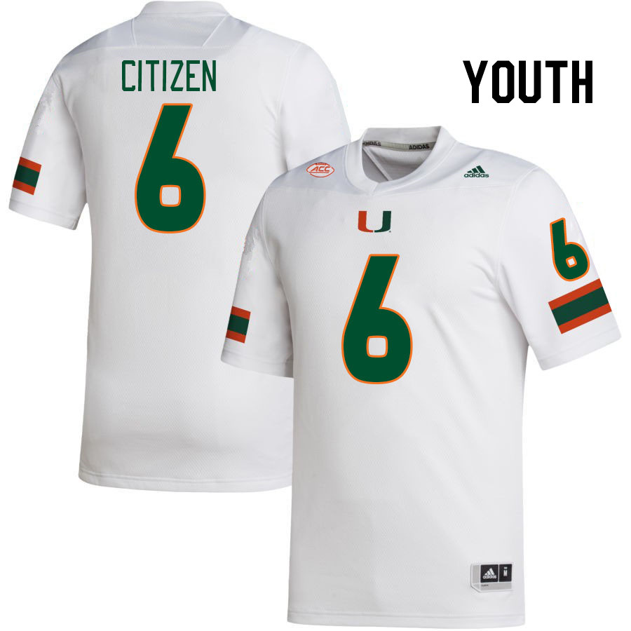 Youth #6 TreVonte Citizen Miami Hurricanes College Football Jerseys Stitched-White